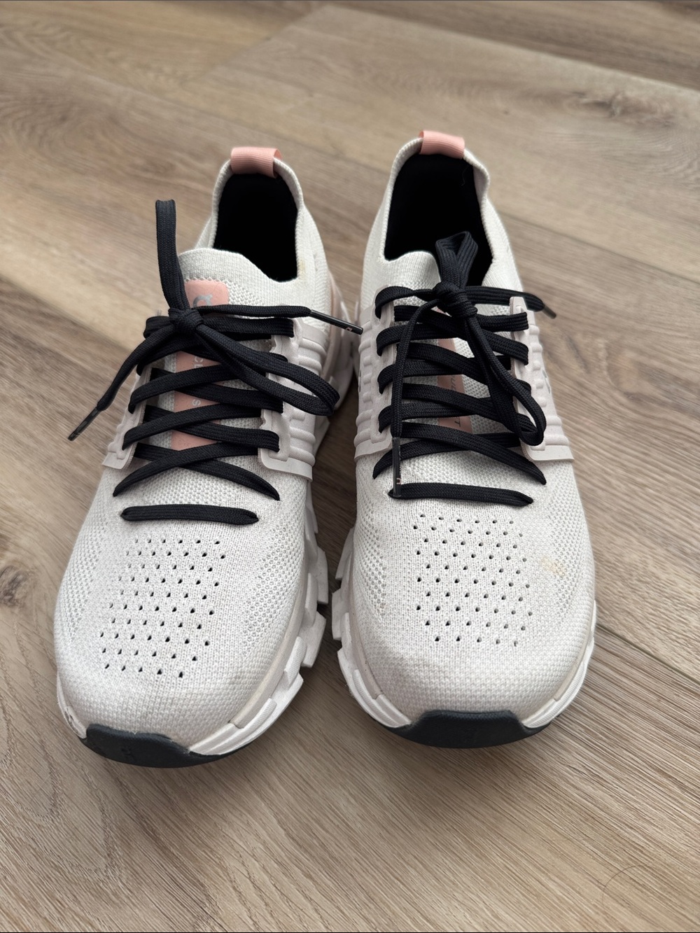 On Running Women's Knit Athletic Sneakers in Cream with Pink and Black Accents